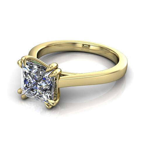 Rosalie princess-cut classic engagement ring in 18K Yellow Gold, three-quarter perspective showing the princess-cut center diamond in a four-prong cathedral head on a polished band