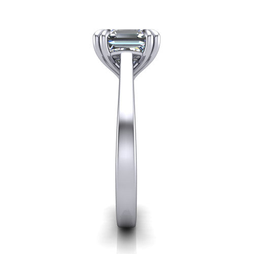 Rosalie square emerald-cut classic engagement ring in 18K White Gold, side profile showing the cathedral setting and polished band in side view
