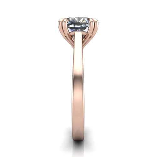 Rosalie cushion classic engagement ring in 18K Rose Gold, side profile showing the cathedral setting and polished band in side view