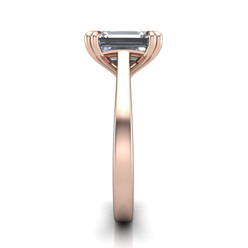 Rosalie emerald-cut classic engagement ring in 14K Rose Gold, side profile showing the cathedral setting and polished band in side view