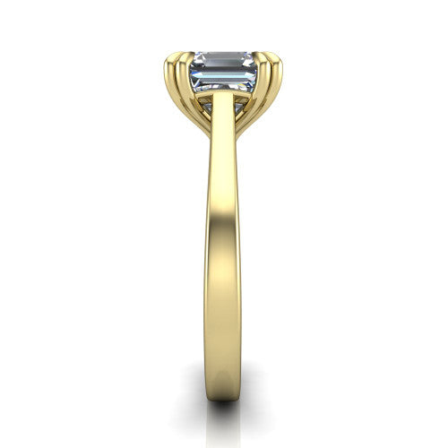 Rosalie square emerald-cut classic engagement ring in 18K Yellow Gold, side profile showing the cathedral setting and polished band in side view