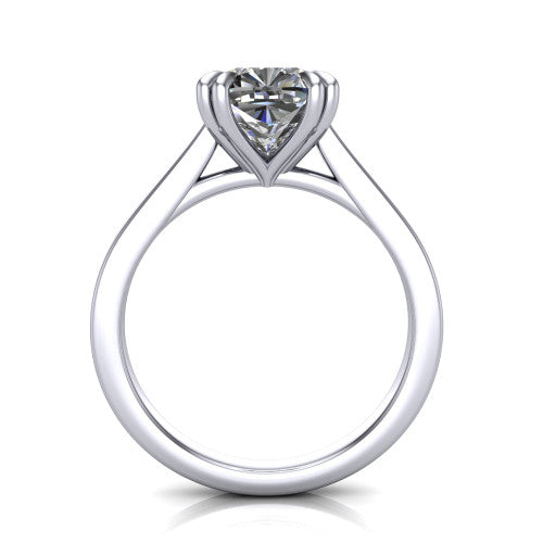 Rosalie cushion classic engagement ring in Platinum, through-finger front profile showing the cathedral shoulders and open gallery from the front