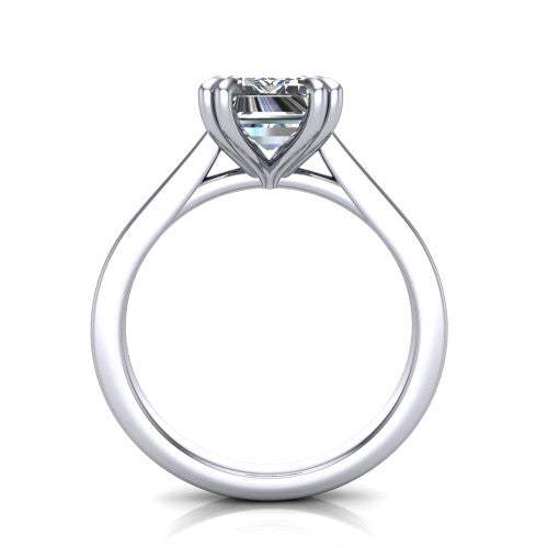Rosalie emerald-cut classic engagement ring in Platinum, through-finger front profile showing the cathedral shoulders and open gallery from the front