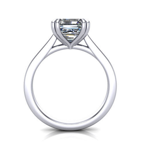 Rosalie square emerald-cut classic engagement ring in Platinum, through-finger front profile showing the cathedral shoulders and open gallery from the front