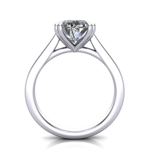 Rosalie oval classic engagement ring in Platinum, through-finger front profile showing the cathedral shoulders and open gallery from the front