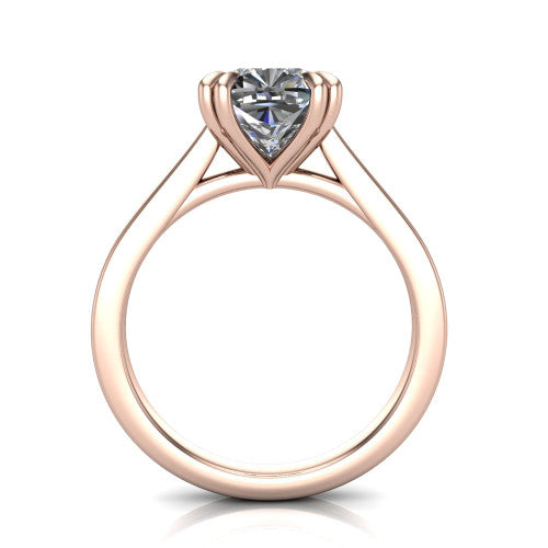 Rosalie cushion classic engagement ring in 14K Rose Gold, through-finger front profile showing the cathedral shoulders and open gallery from the front