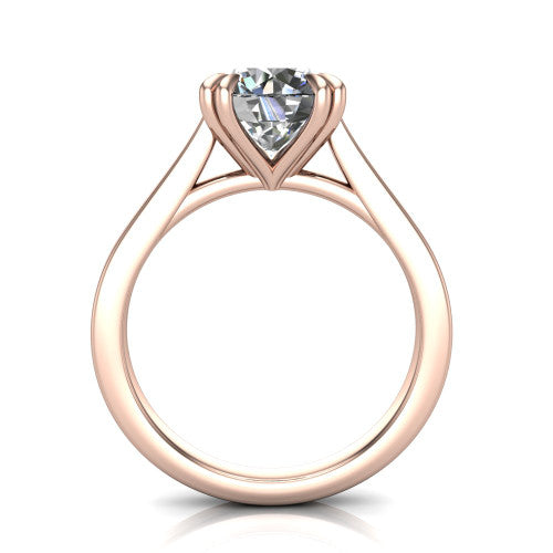 Rosalie round classic engagement ring in 14K Rose Gold, through-finger front profile showing the cathedral shoulders and open gallery from the front