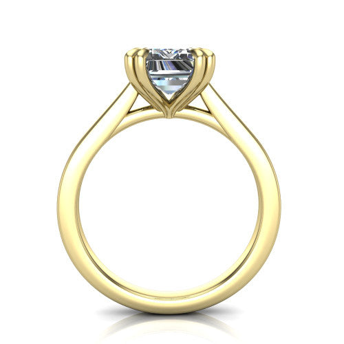 Rosalie emerald-cut classic engagement ring in 14K Yellow Gold, through-finger front profile showing the cathedral shoulders and open gallery from the front