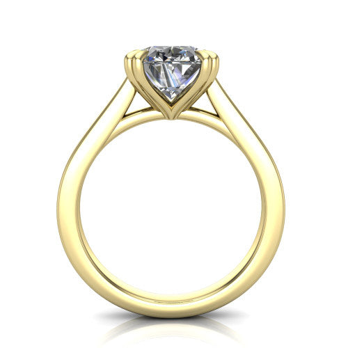 Rosalie oval classic engagement ring in 14K Yellow Gold, through-finger front profile showing the cathedral shoulders and open gallery from the front
