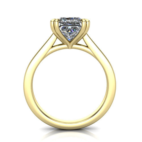 Rosalie princess-cut classic engagement ring in 14K Yellow Gold, through-finger front profile showing the cathedral shoulders and open gallery from the front