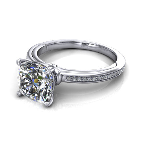 Kimberly cushion classic engagement ring in Platinum, three-quarter perspective showing the cushion center diamond in a four-prong head above a thin pave band