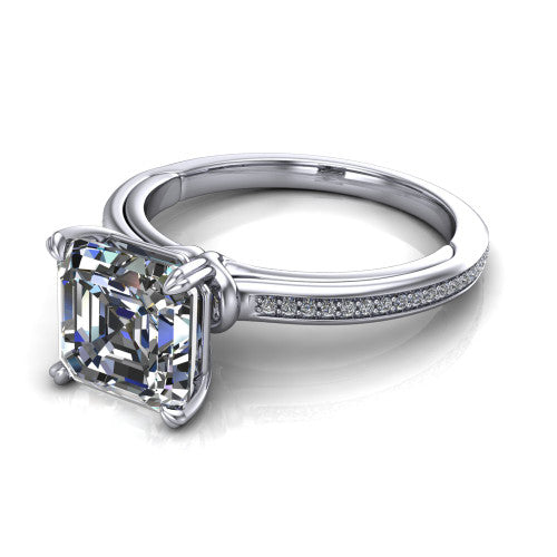 Kimberly square emerald-cut classic engagement ring in Platinum, three-quarter perspective showing the square emerald-cut center diamond in a four-prong head above a thin pave band