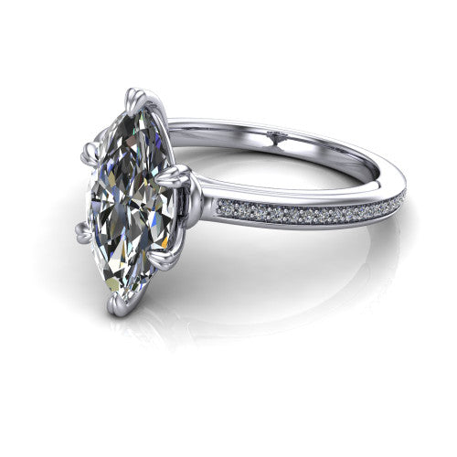 Kimberly marquise classic engagement ring in Platinum, three-quarter perspective showing the marquise center diamond in a four-prong head above a thin pave band