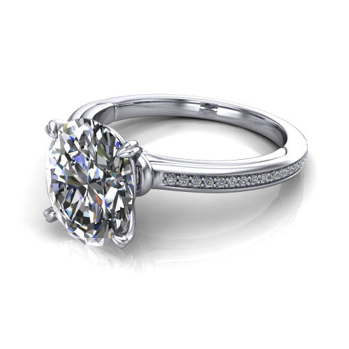 Kimberly oval classic engagement ring in Platinum, three-quarter perspective showing the oval center diamond in a four-prong head above a thin pave band