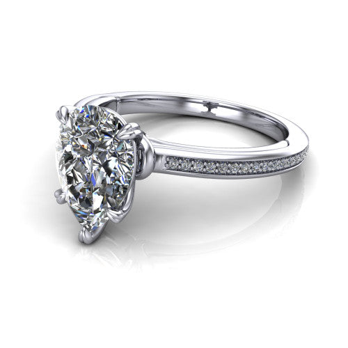 Kimberly pear classic engagement ring in 14K White Gold, three-quarter perspective showing the pear center diamond in a four-prong head above a thin pave band