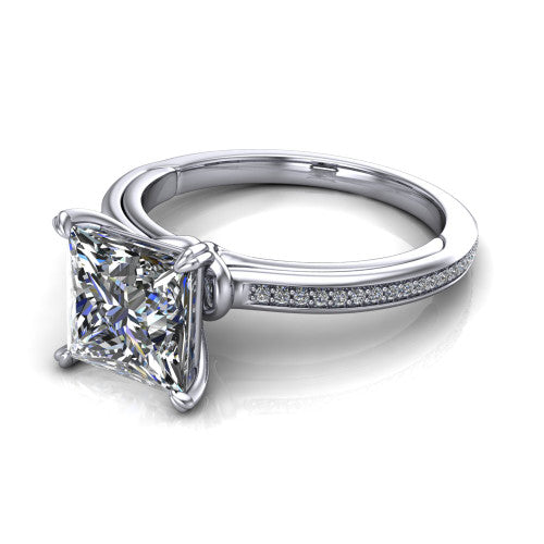 Kimberly princess-cut classic engagement ring in 18K White Gold, three-quarter perspective showing the princess-cut center diamond in a four-prong head above a thin pave band