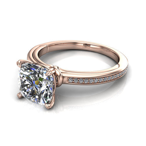 Kimberly cushion classic engagement ring in 18K Rose Gold, three-quarter perspective showing the cushion center diamond in a four-prong head above a thin pave band