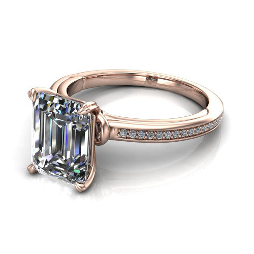 Kimberly emerald-cut classic engagement ring in 14K Rose Gold, three-quarter perspective showing the emerald-cut center diamond in a four-prong head above a thin pave band