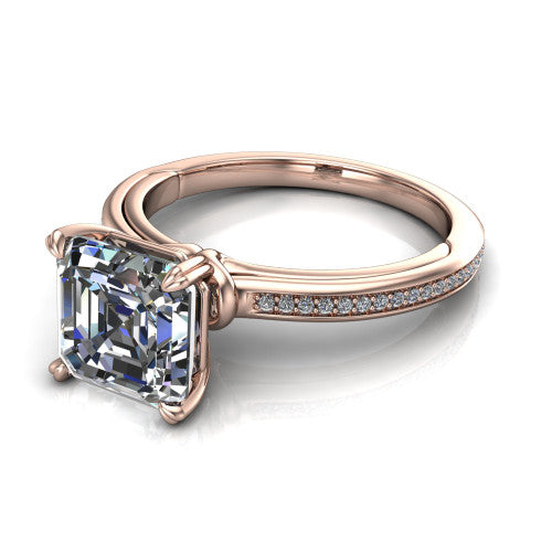 Kimberly square emerald-cut classic engagement ring in 14K Rose Gold, three-quarter perspective showing the square emerald-cut center diamond in a four-prong head above a thin pave band