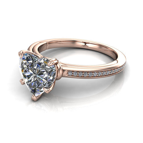 Kimberly heart classic engagement ring in 18K Rose Gold, three-quarter perspective showing the heart center diamond in a four-prong head above a thin pave band