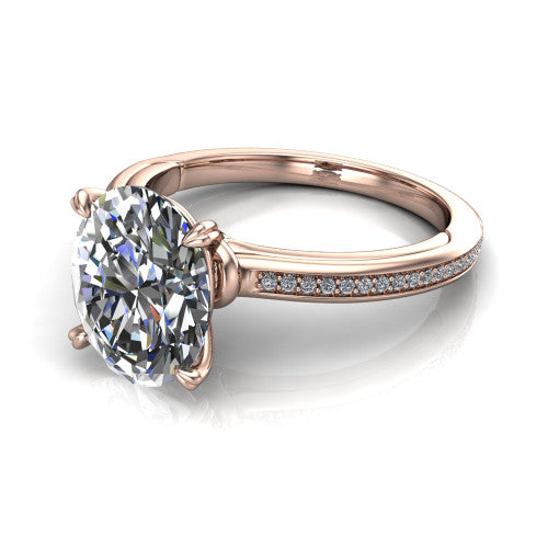 Kimberly oval classic engagement ring in 14K Rose Gold, three-quarter perspective showing the oval center diamond in a four-prong head above a thin pave band