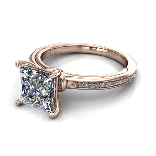 Kimberly princess-cut classic engagement ring in 18K Rose Gold, three-quarter perspective showing the princess-cut center diamond in a four-prong head above a thin pave band