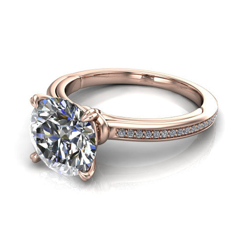 Kimberly round classic engagement ring in 18K Rose Gold, three-quarter perspective showing the round center diamond in a four-prong head above a thin pave band