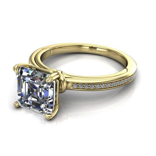 Kimberly square emerald-cut classic engagement ring in 14K Yellow Gold, three-quarter perspective showing the square emerald-cut center diamond in a four-prong head above a thin pave band