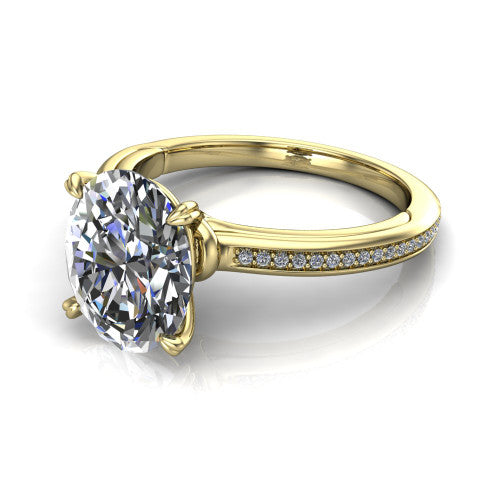 Kimberly oval classic engagement ring in 18K Yellow Gold, three-quarter perspective showing the oval center diamond in a four-prong head above a thin pave band