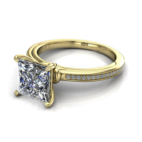 Kimberly princess-cut classic engagement ring in 14K Yellow Gold, three-quarter perspective showing the princess-cut center diamond in a four-prong head above a thin pave band