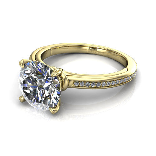Kimberly round classic engagement ring in 14K Yellow Gold, three-quarter perspective showing the round center diamond in a four-prong head above a thin pave band