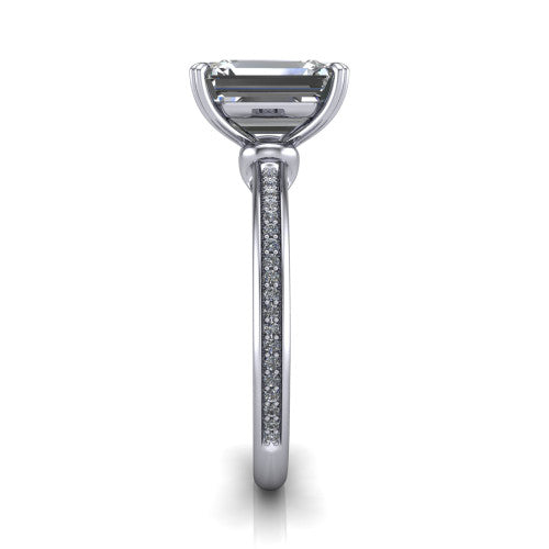 Kimberly emerald-cut classic engagement ring in 14K White Gold, side profile showing the thin pave band and polished profile in side view