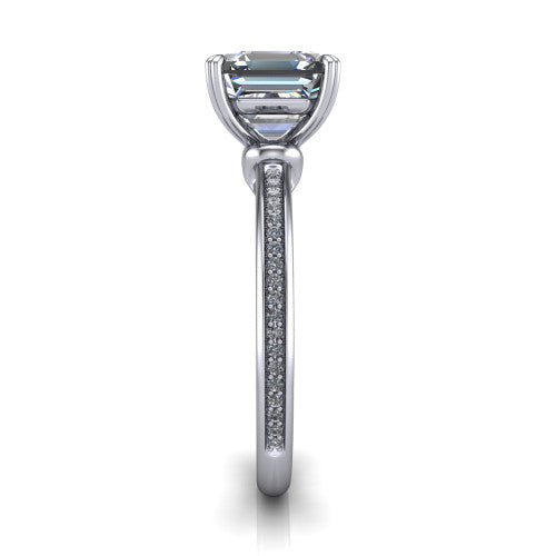 Kimberly square emerald-cut classic engagement ring in 18K White Gold, side profile showing the thin pave band and polished profile in side view