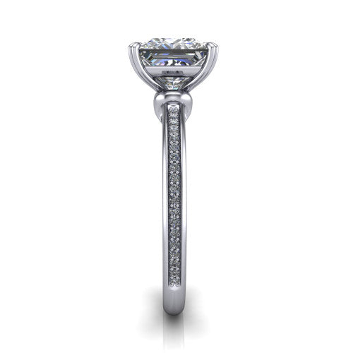 Kimberly princess-cut classic engagement ring in Platinum, side profile showing the thin pave band and polished profile in side view