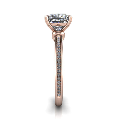 Kimberly cushion classic engagement ring in 14K Rose Gold, through-finger front profile showing the four-prong head and pave band from the front