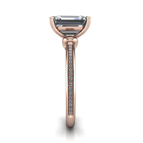 Kimberly emerald-cut classic engagement ring in 14K Rose Gold, side profile showing the thin pave band and polished profile in side view