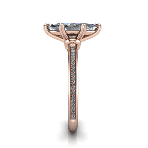 Kimberly marquise classic engagement ring in 14K Rose Gold, side profile showing the thin pave band and polished profile in side view