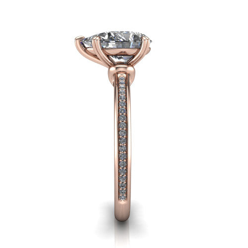 Kimberly pear classic engagement ring in 14K Rose Gold, side profile showing the thin pave band and polished profile in side view