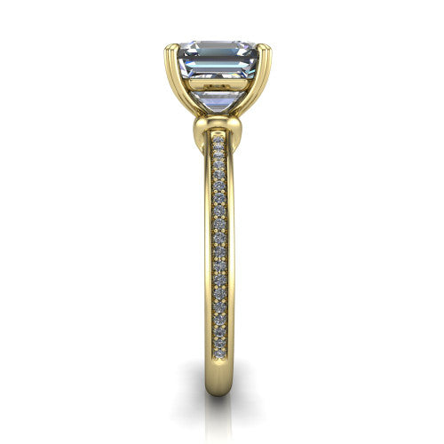 Kimberly square emerald-cut classic engagement ring in 14K Yellow Gold, side profile showing the thin pave band and polished profile in side view