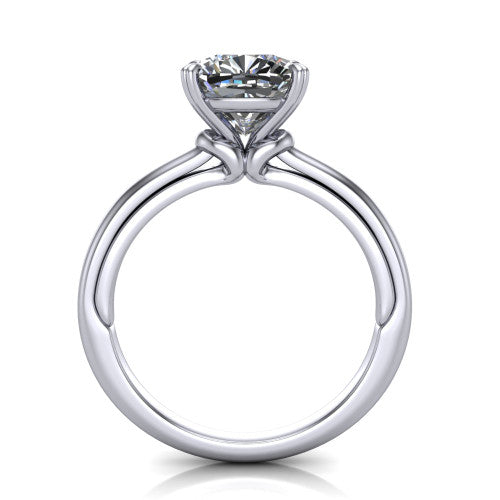 Kimberly cushion classic engagement ring in 14K White Gold, through-finger front profile showing the four-prong head and pave band from the front