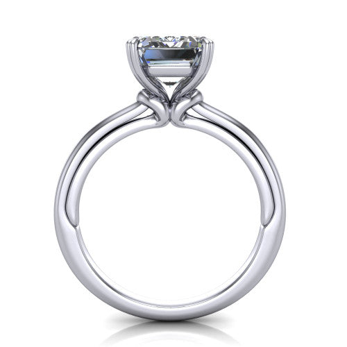 Kimberly emerald-cut classic engagement ring in Platinum, through-finger front profile showing the four-prong head and pave band from the front