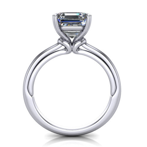 Kimberly square emerald-cut classic engagement ring in 18K White Gold, through-finger front profile showing the four-prong head and pave band from the front