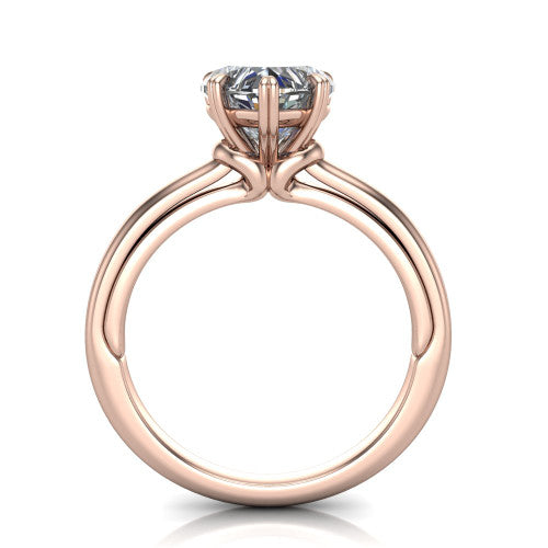 Kimberly heart classic engagement ring in 18K Rose Gold, through-finger front profile showing the four-prong head and pave band from the front
