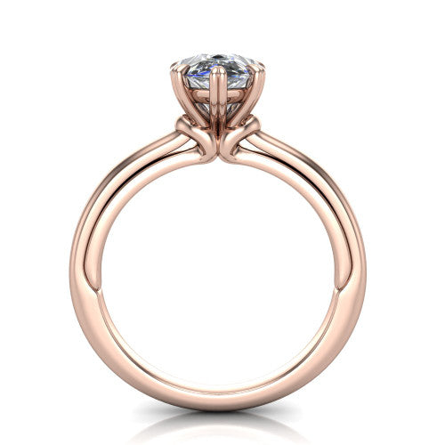 Kimberly pear classic engagement ring in 14K Rose Gold, through-finger front profile showing the four-prong head and pave band from the front