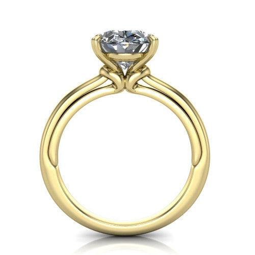 Kimberly oval classic engagement ring in 18K Yellow Gold, through-finger front profile showing the four-prong head and pave band from the front
