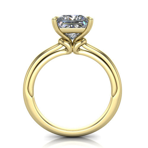 Kimberly princess-cut classic engagement ring in 18K Yellow Gold, through-finger front profile showing the four-prong head and pave band from the front