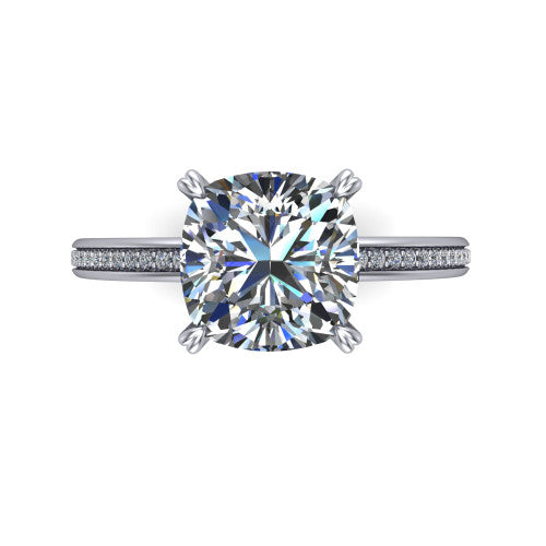 Kimberly cushion classic engagement ring in Platinum, top-down view showing the cushion center diamond and pave shoulders from above