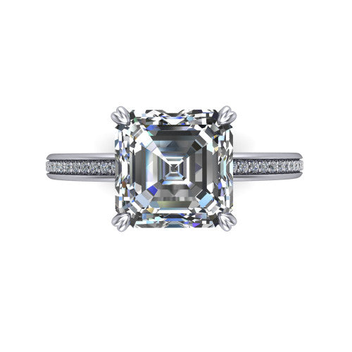 Kimberly square emerald-cut classic engagement ring in 18K White Gold, top-down view showing the square emerald-cut center diamond and pave shoulders from above