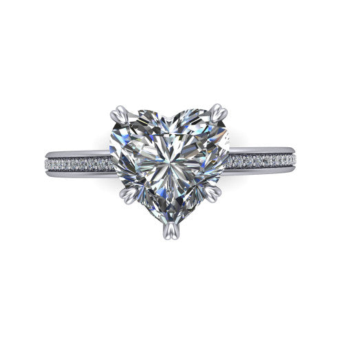 Kimberly heart classic engagement ring in 18K White Gold, top-down view showing the heart center diamond and pave shoulders from above