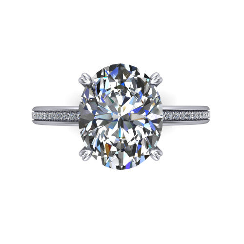 Kimberly oval classic engagement ring in 18K White Gold, top-down view showing the oval center diamond and pave shoulders from above